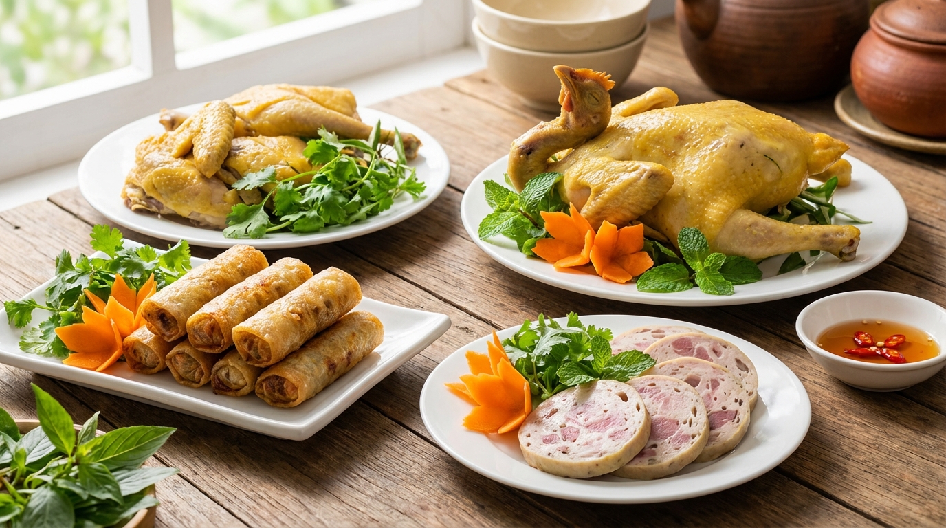 Các món mặn truyền thống miền Bắc được bày trên đĩa trắng tinh