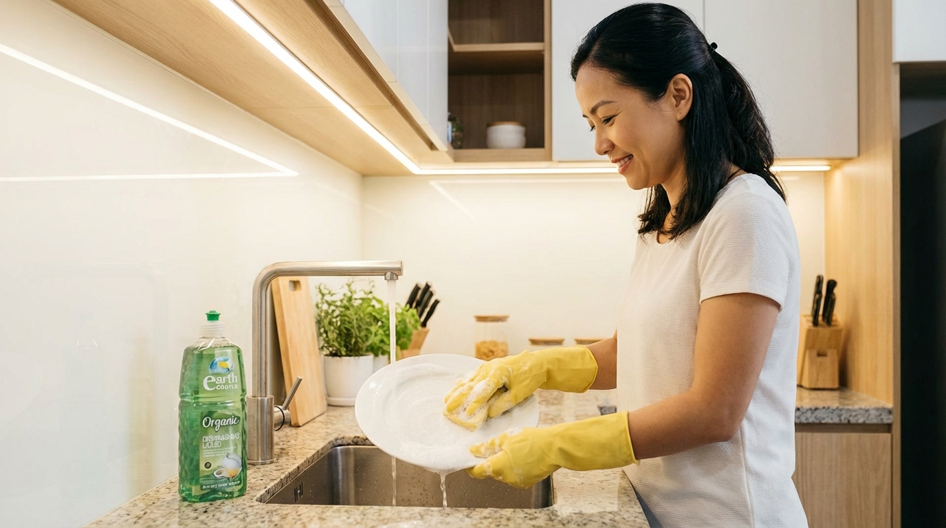Phụ nữ Việt đang rửa bát đĩa bằng nước rửa bát Earth Choice