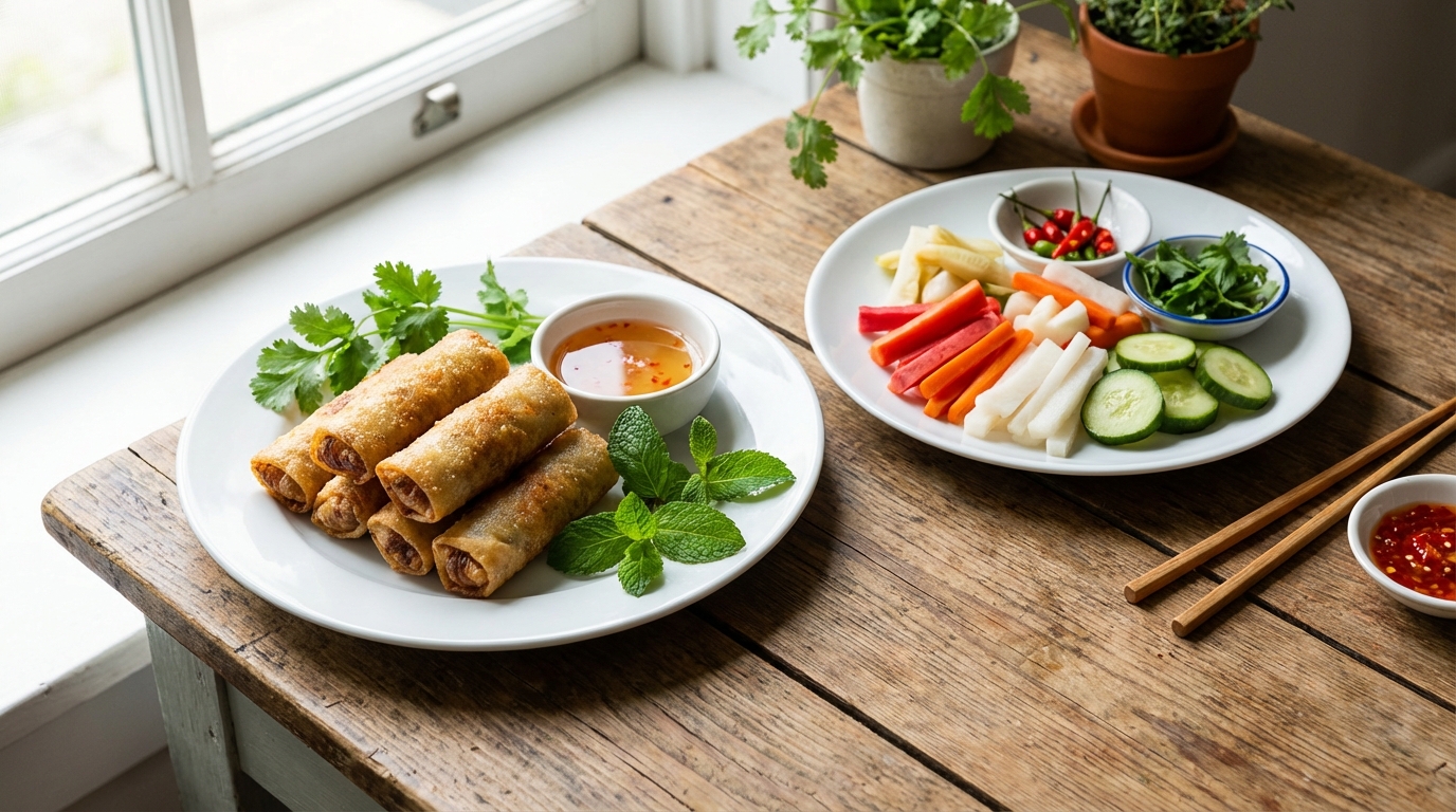 Nem rán vàng giòn và dưa món đầy màu sắc trên đĩa