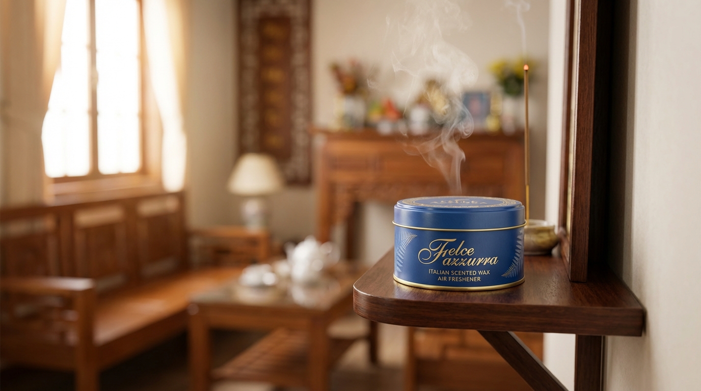 Sáp thơm Felce Azzurra đặt trên kệ thờ tỏa hương nhẹ nhàng