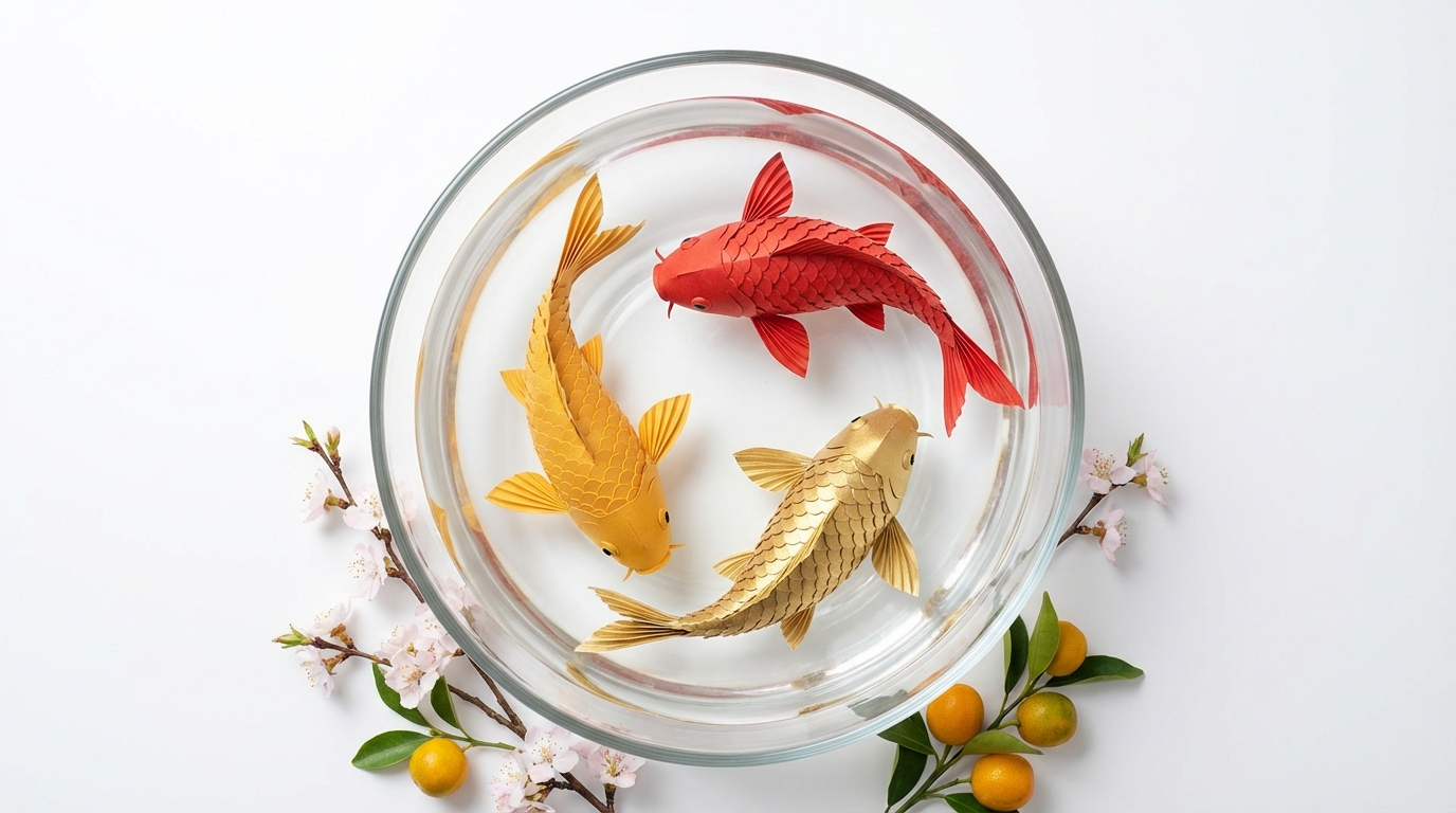 3 con cá chép giấy màu đỏ vàng đẹp mắt trong chậu nước