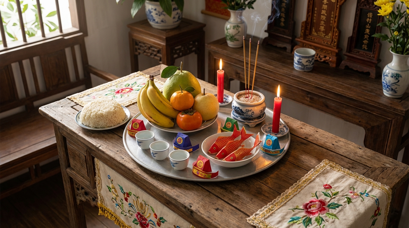 Mâm cúng ông Táo hoàn chỉnh với đầy đủ lễ vật