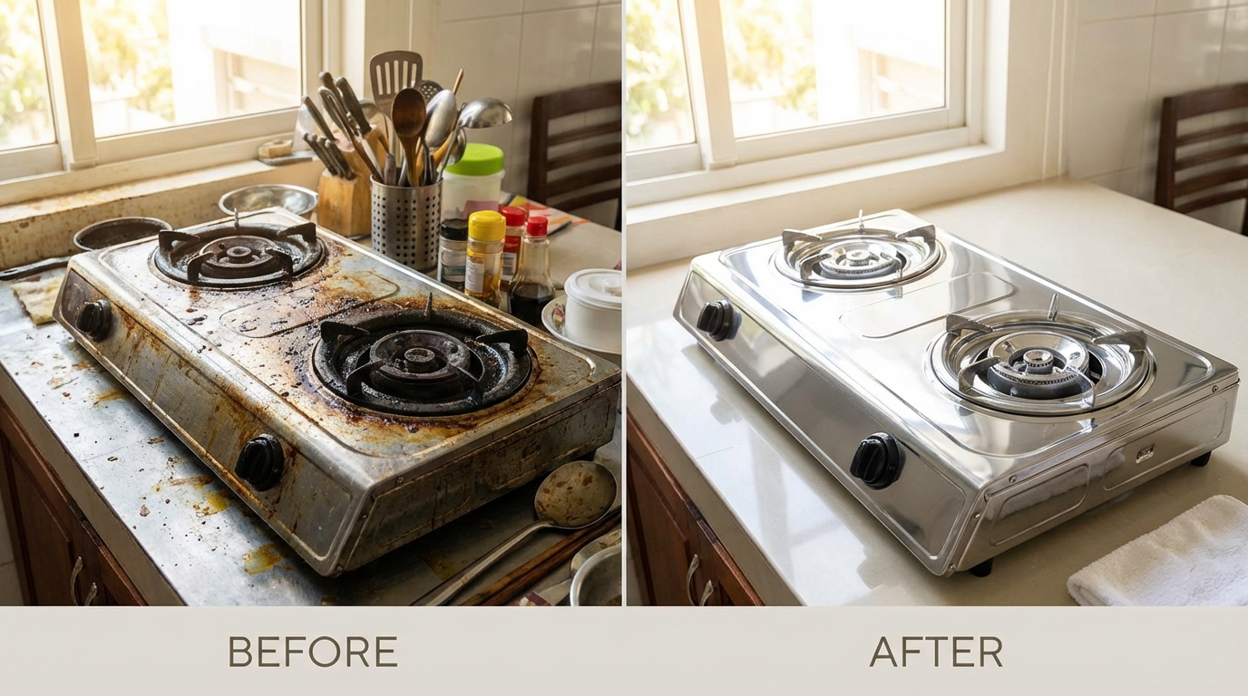 So sánh trước và sau khi tẩy sạch bếp: bếp dầu mỡ vs bếp sạch bóng