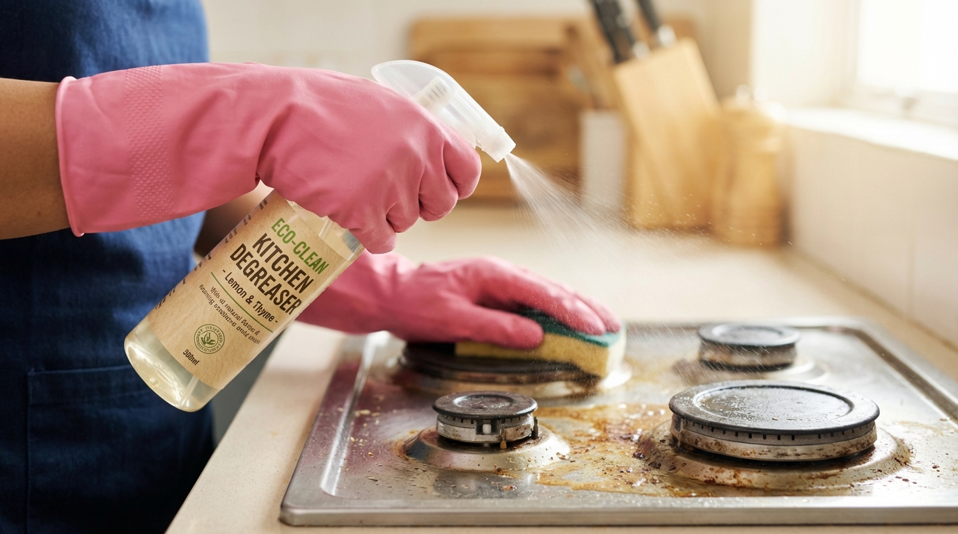 Phụ nữ đeo găng cao su đang dùng bình xịt tẩy rửa bếp