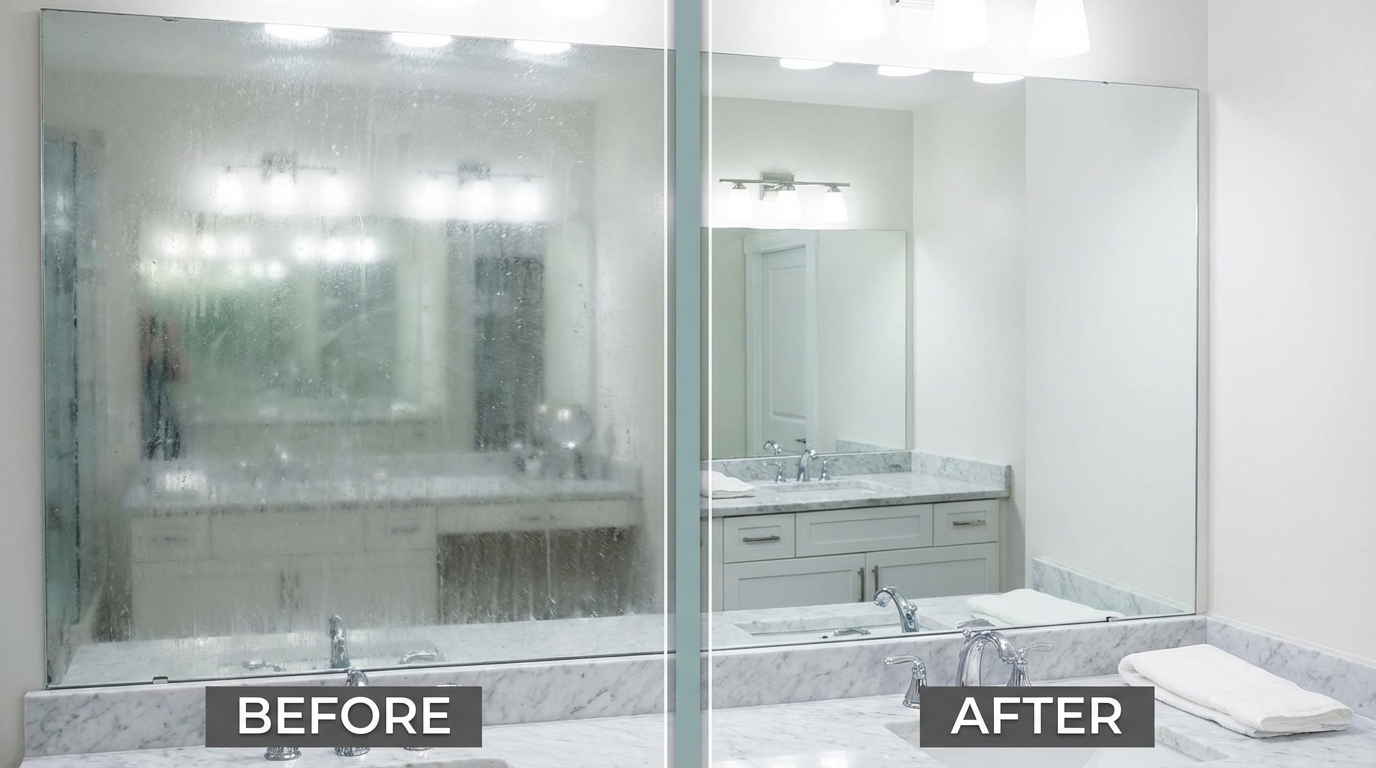 So sánh gương trước và sau lau: mờ vết nước vs sạch bóng