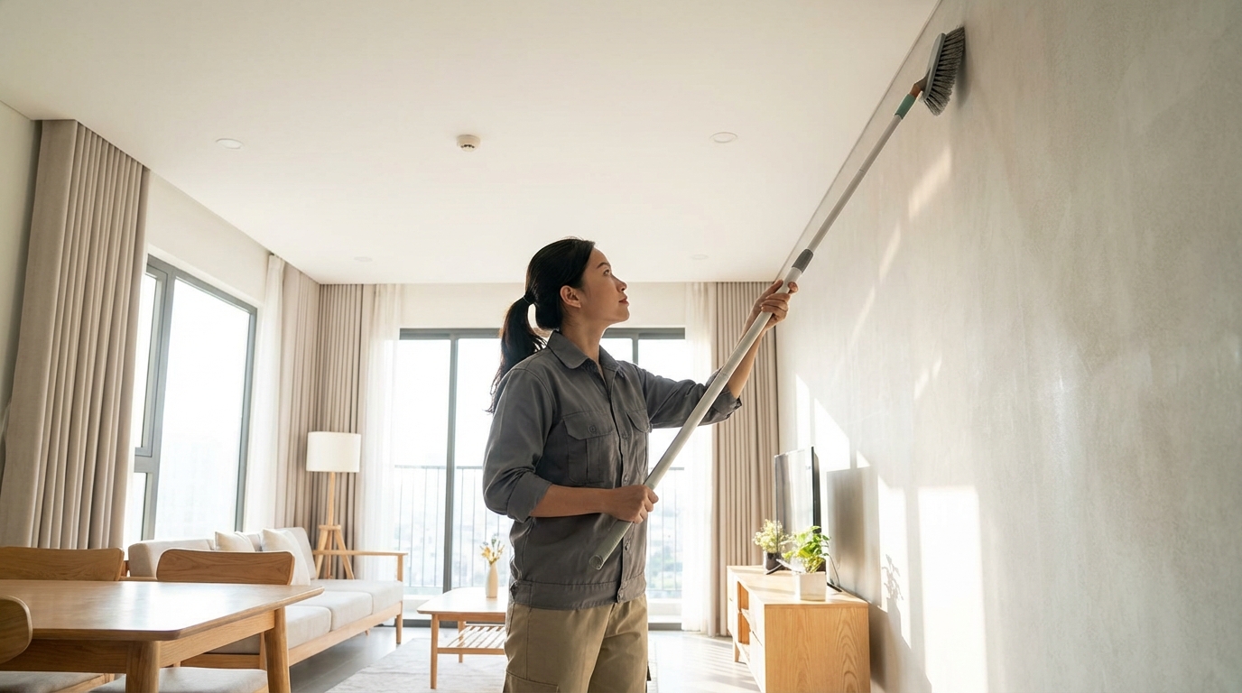 Phụ nữ kiểm tra trần nhà và góc cao với dụng cụ lau có cán dài