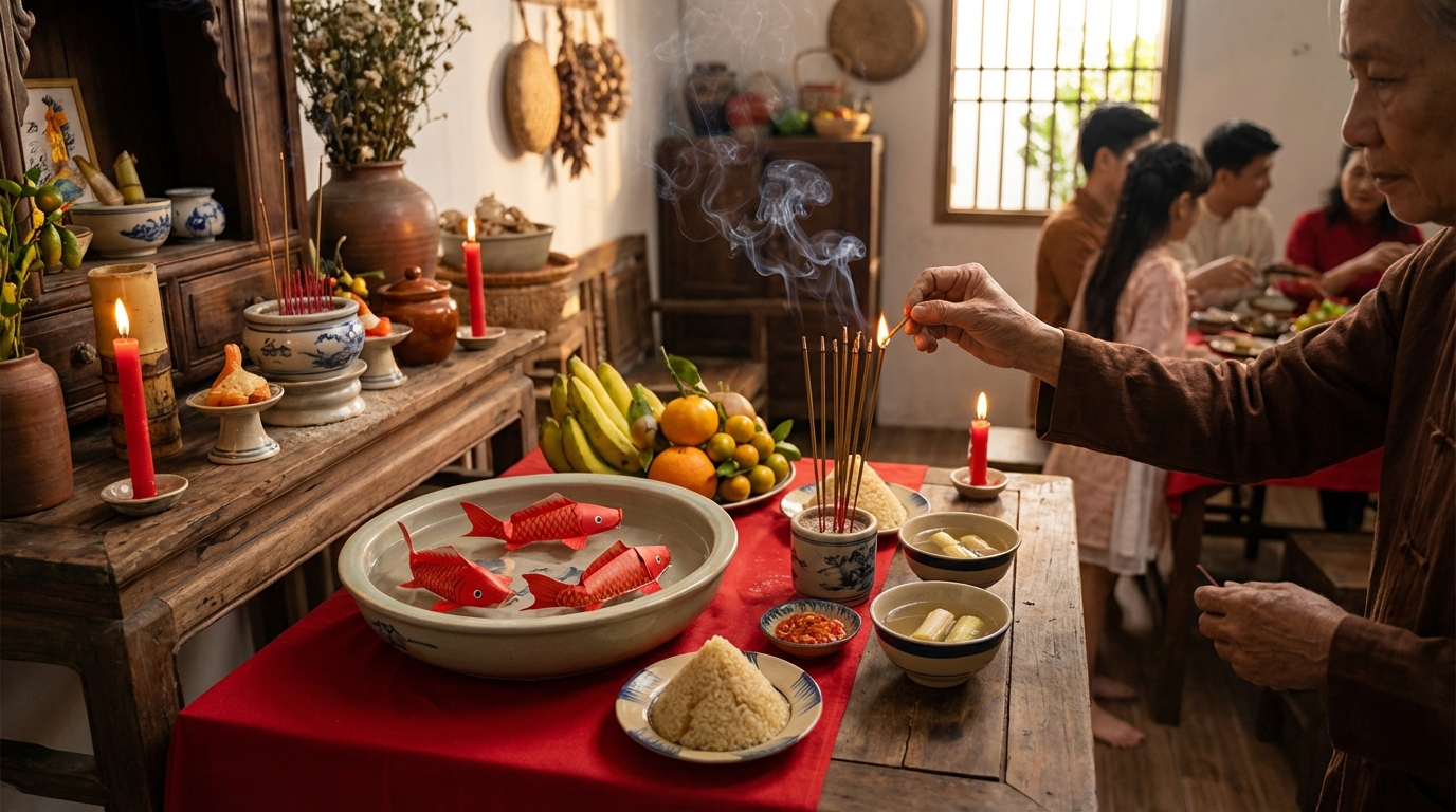 Lễ cúng ông Táo với cá chép giấy và đầy đủ lễ vật truyền thống