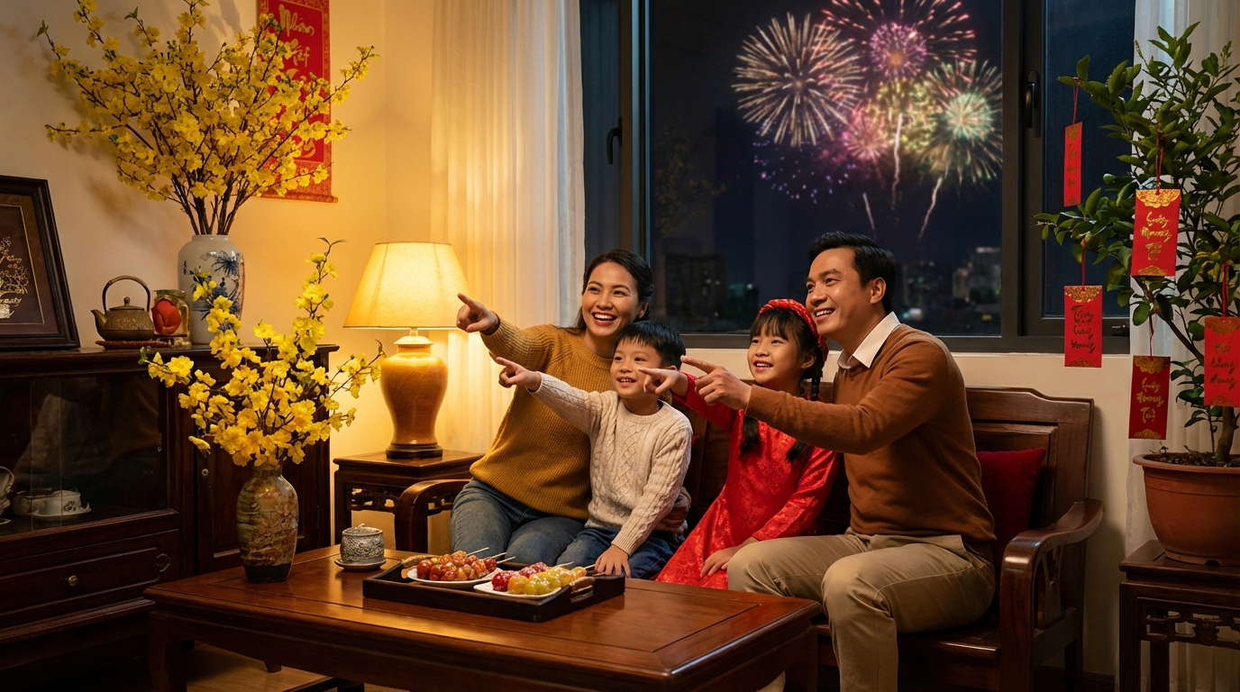 Gia đình Việt vui vẻ đón giao thừa với pháo hoa rực rỡ