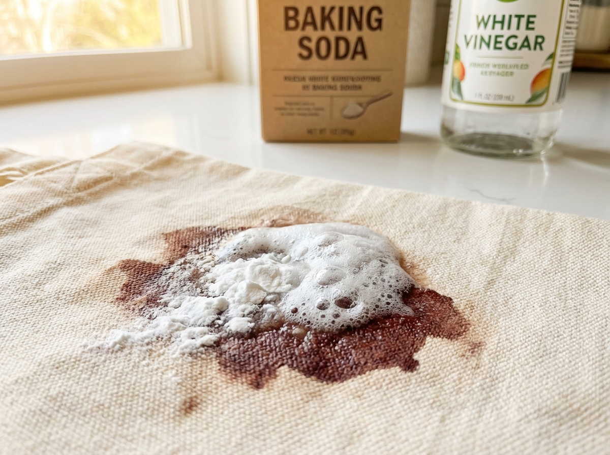 Baking soda và giấm tạo phản ứng sủi bọt trên vết máu