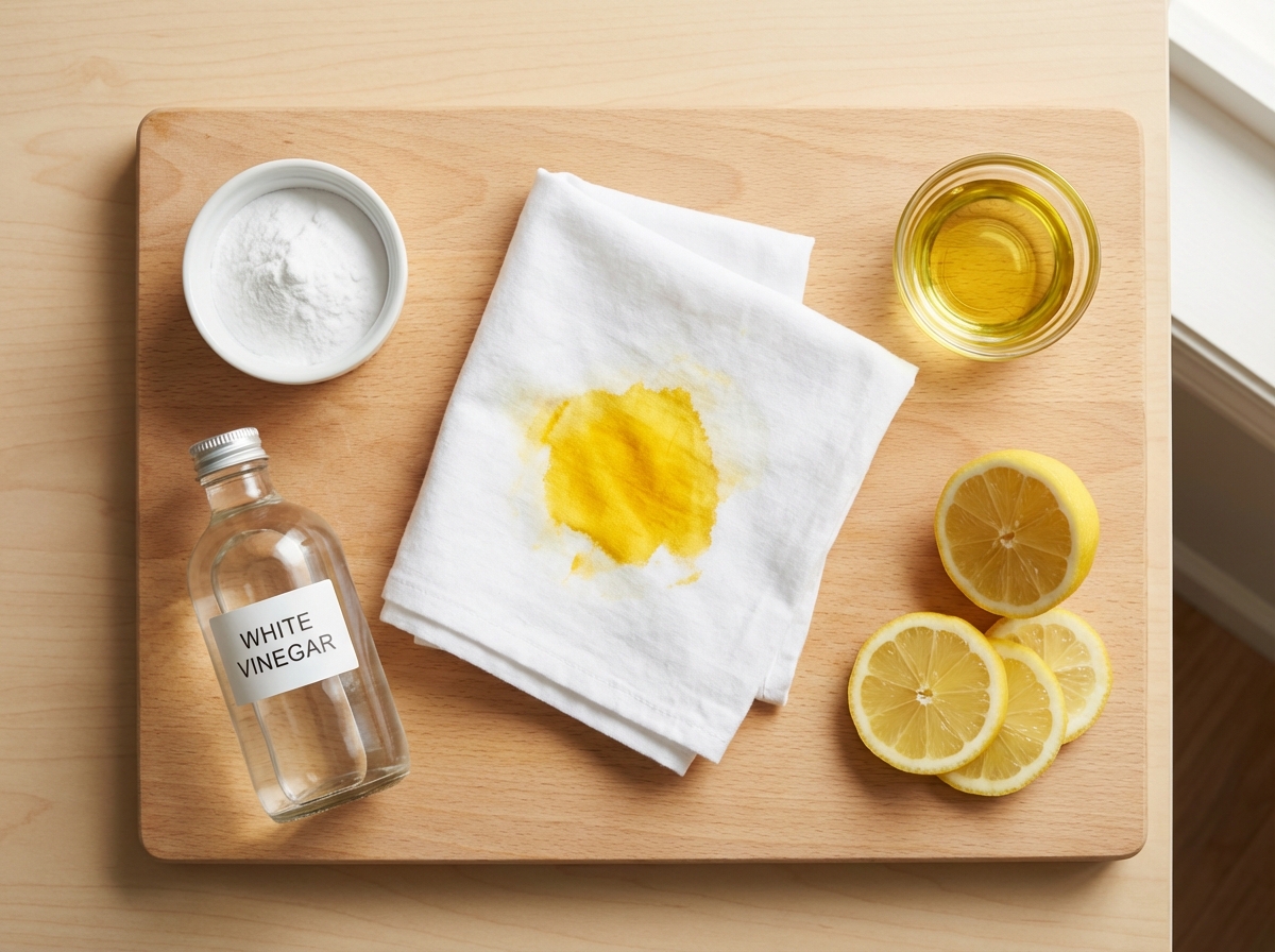 Nguyên liệu tẩy vết nghệ: chanh, baking soda, giấm, dầu ăn