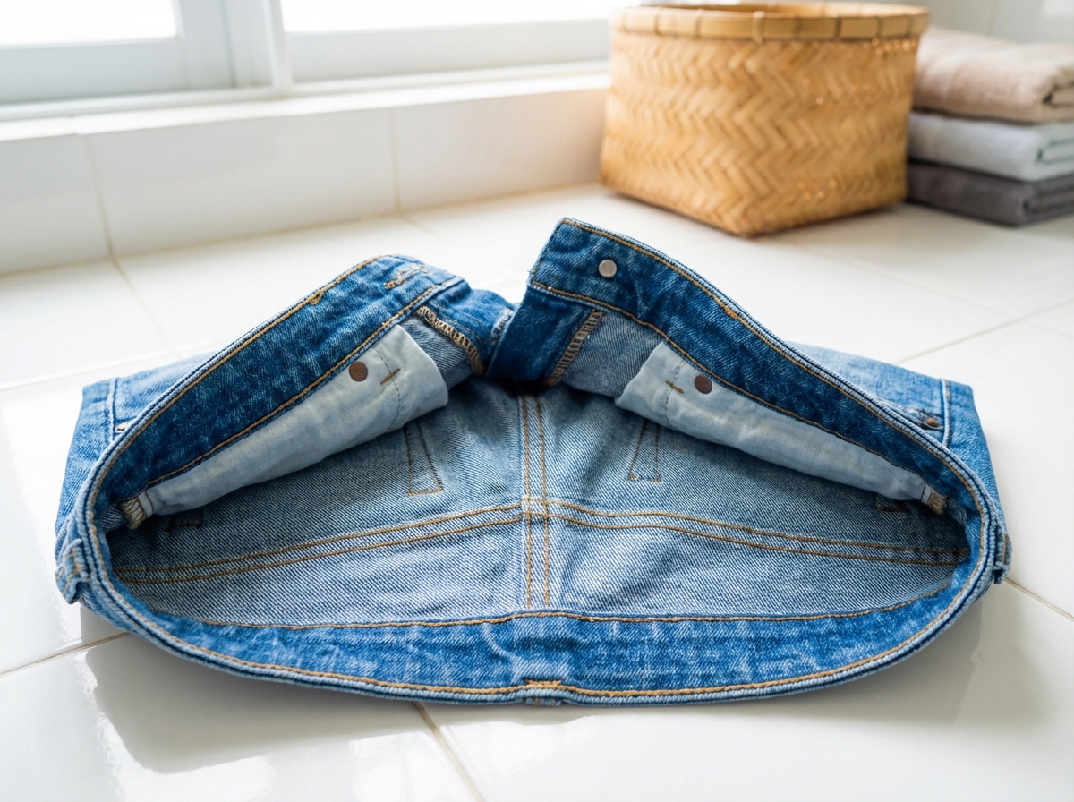 Quần jeans lộn mặt trái chuẩn bị giặt, nhìn rõ đường may bên trong