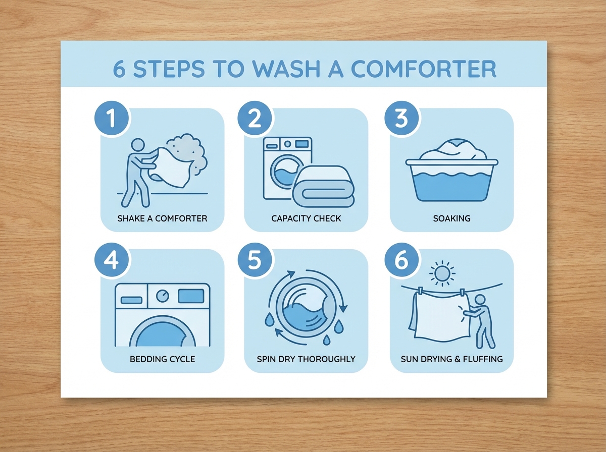 Infographic 6 bước giặt chăn bông bằng máy giặt