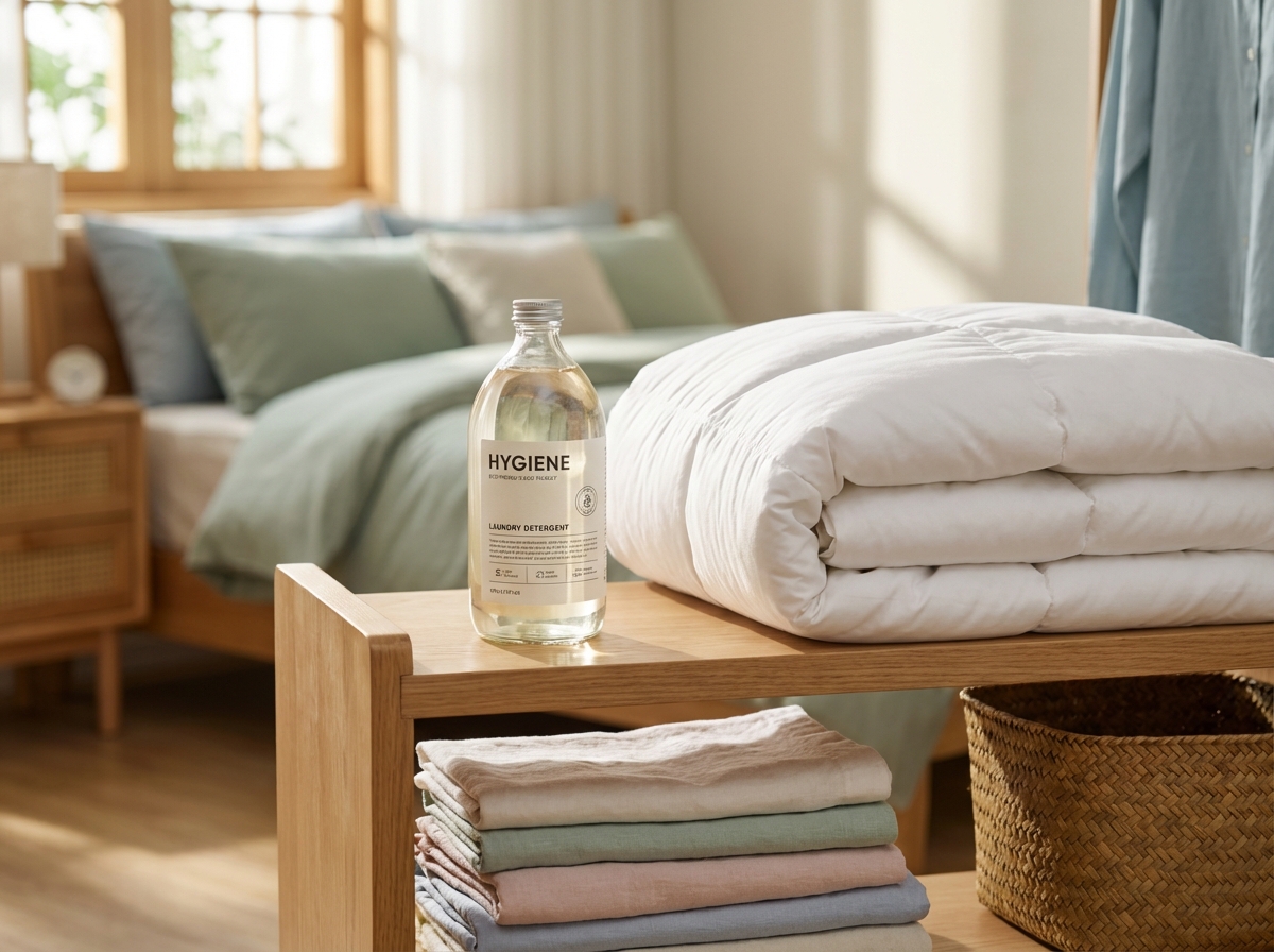 Nước giặt Hygiene bên cạnh chăn bông gấp gọn