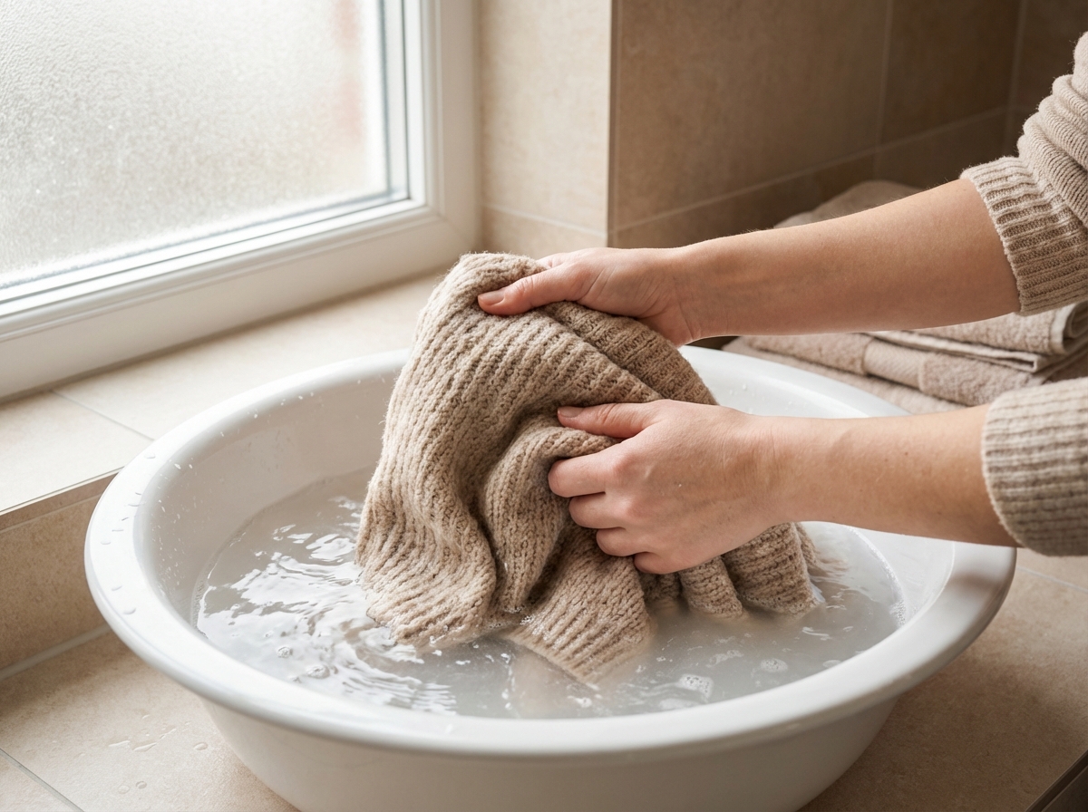 Giặt tay áo len bằng kỹ thuật nhấn chìm trong chậu nước mát