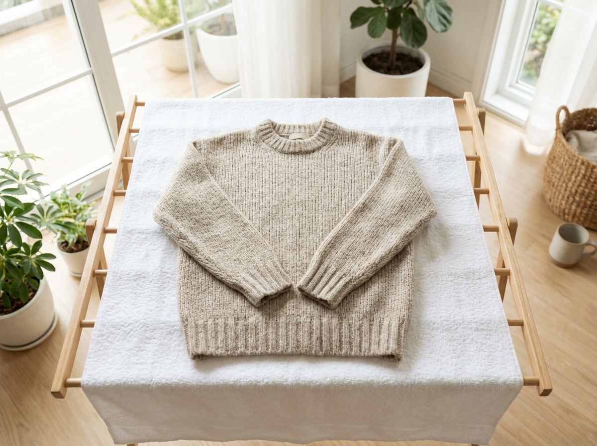 Áo len được trải phẳng trên rack phơi, phơi ngang không treo