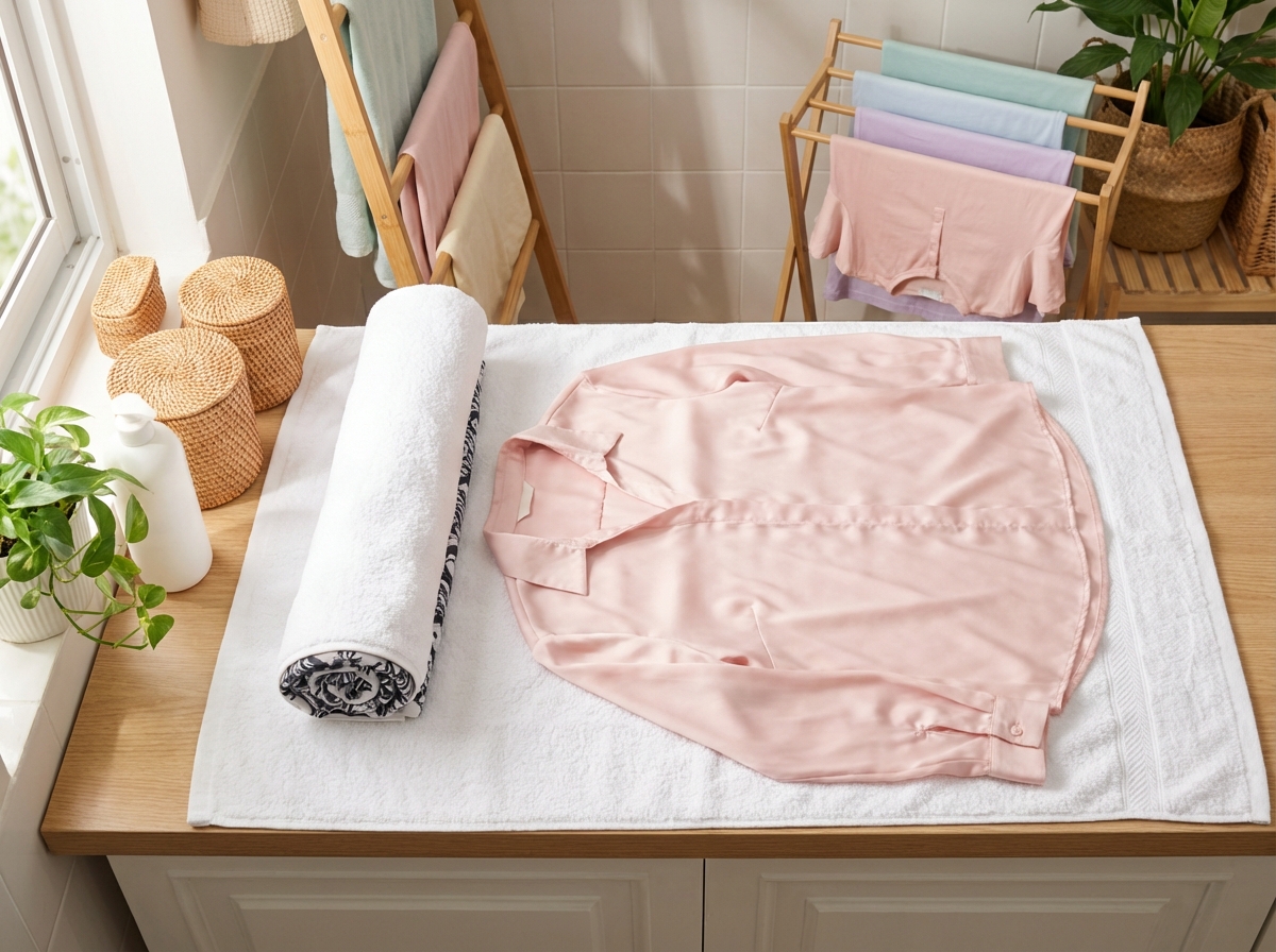 Đồ lụa trải phẳng trên khăn bông trắng để hong khô