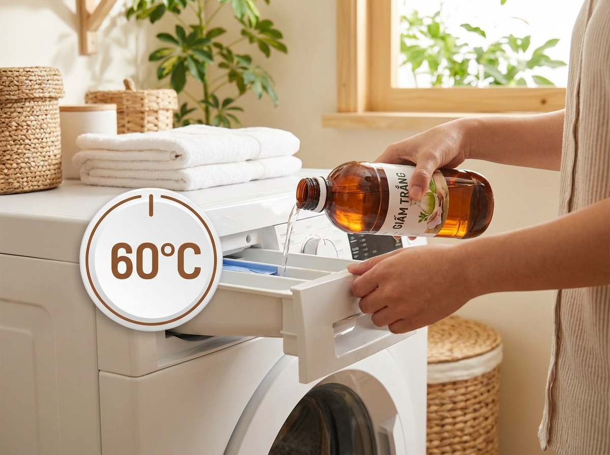 Giặt khăn tắm bằng nước nóng 60°C kết hợp giấm trắng thay nước xả