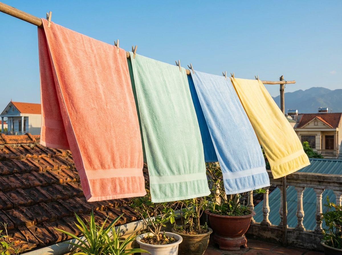 Khăn tắm phơi ngoài nắng, trải rộng trên dây phơi, gió nhẹ