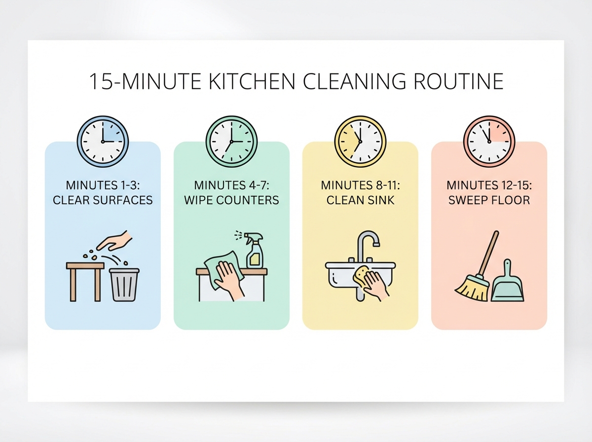 Infographic quy trình 15 phút vệ sinh bếp chia 4 giai đoạn