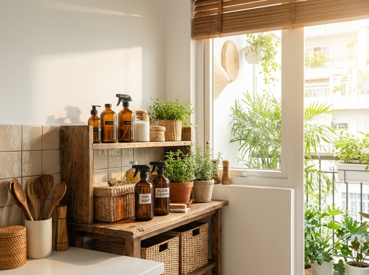 Bộ sản phẩm vệ sinh bếp xếp gọn gàng trên kệ bếp