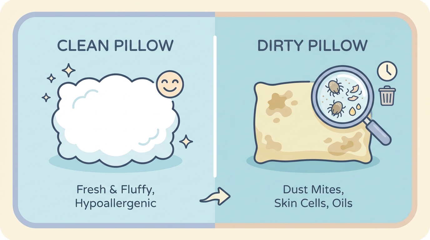 So sánh gối sạch và gối bẩn - mạt bụi, tế bào da tích tụ theo thời gian