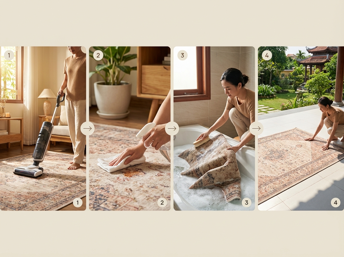 Các bước giặt thảm: hút bụi, xử lý vết bẩn, chà nhẹ bằng nước giặt, phơi phẳng