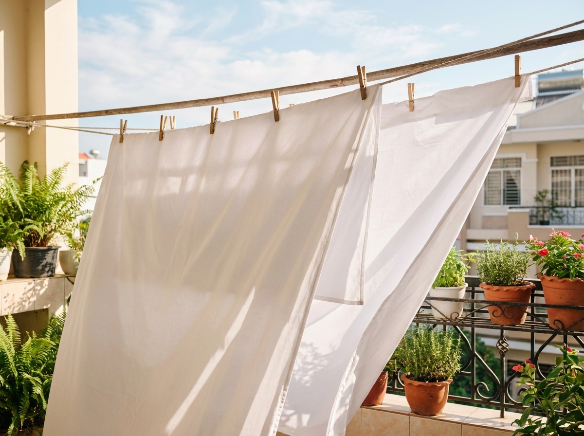 Ga giường phơi ngoài nắng trên dây phơi