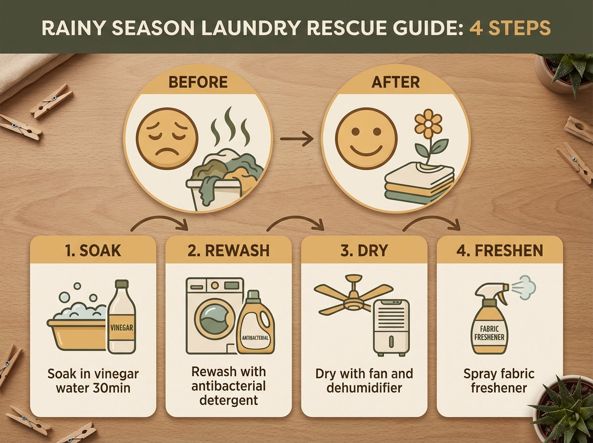 Hướng dẫn 4 bước cứu quần áo đã bị hôi mùa mưa