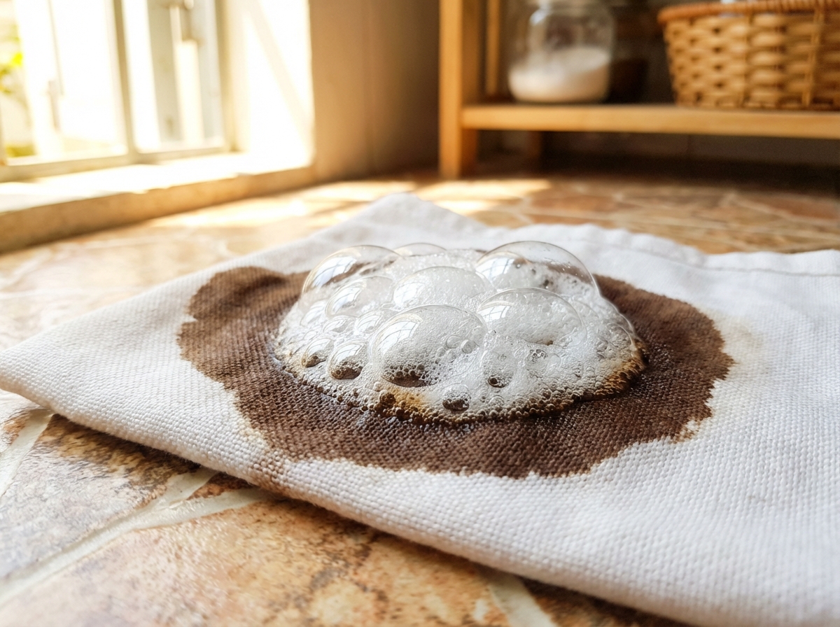 Baking soda và oxy già tạo phản ứng sủi bọt trên vết cà phê