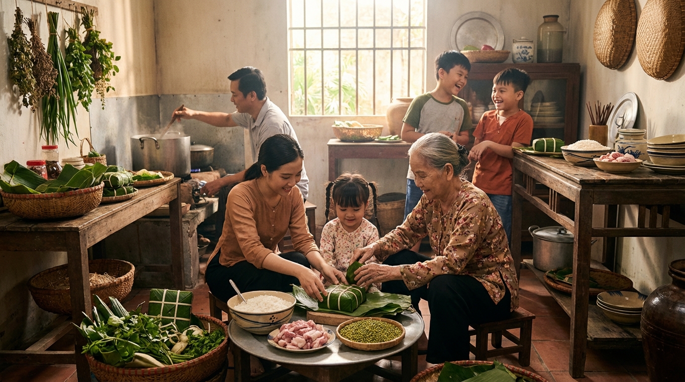 Chuẩn bị đồ ăn Tết - Gói bánh chưng và nấu các món truyền thống