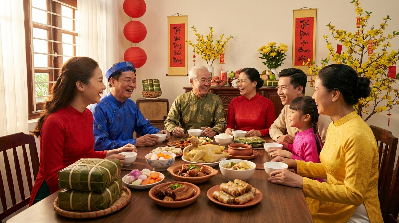 Bữa cơm Tết sum họp - Gia đình quây quần bên mâm cơm truyền thống