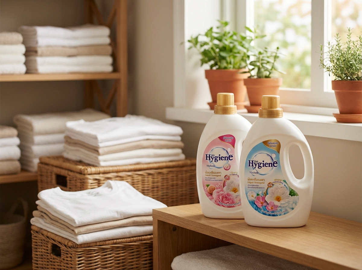Nước giặt Hygiene cạnh áo cotton sạch gấp gọn trên kệ gỗ