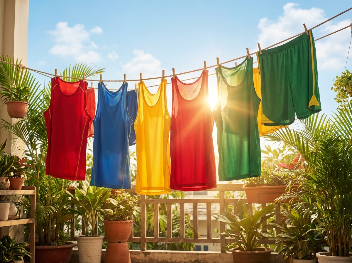 Đồ thể thao phơi ngoài nắng trên dây phơi