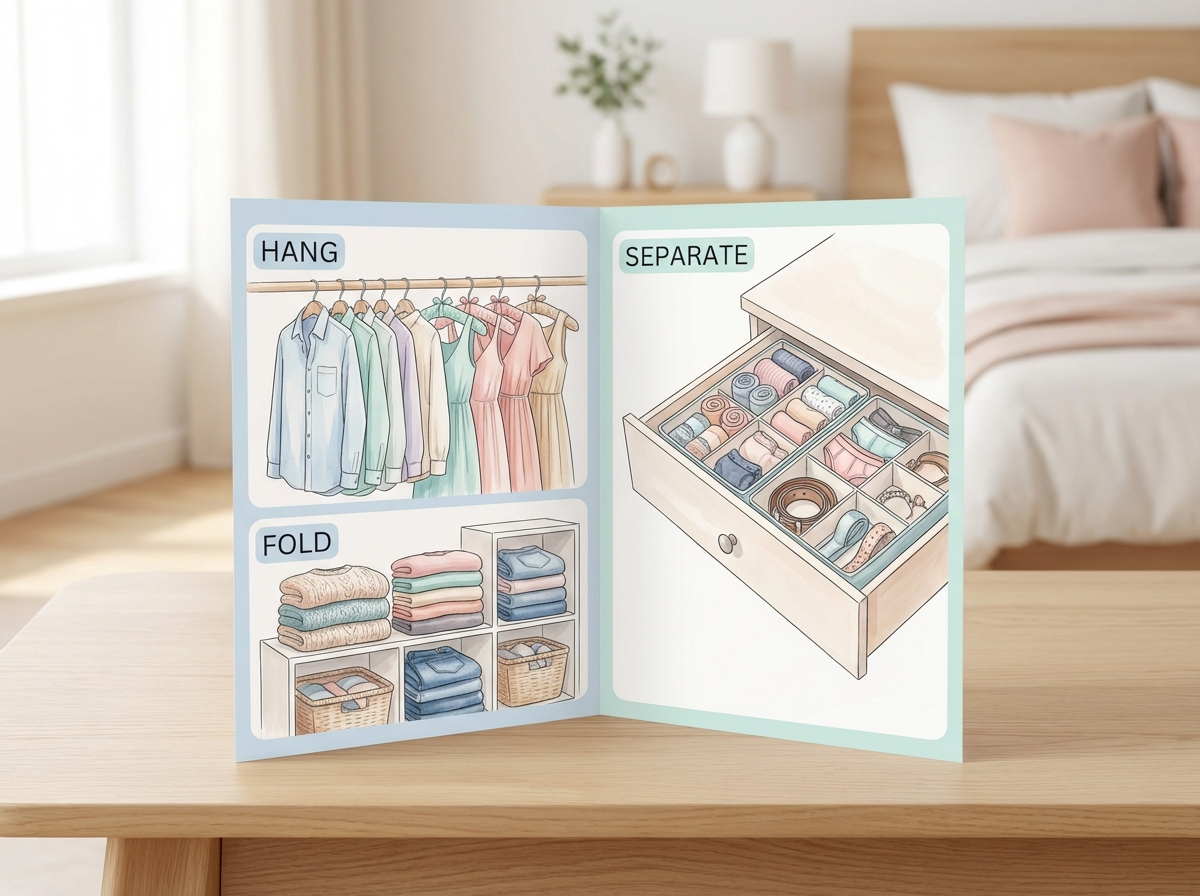 Hướng dẫn cách xếp quần áo theo loại: treo, gấp, ngăn riêng