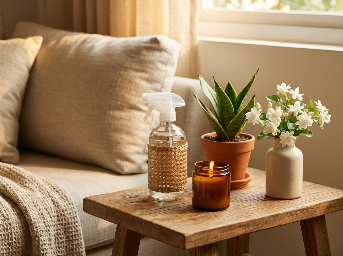 Góc phòng khách thơm tho với bình xịt thơm và cây xanh