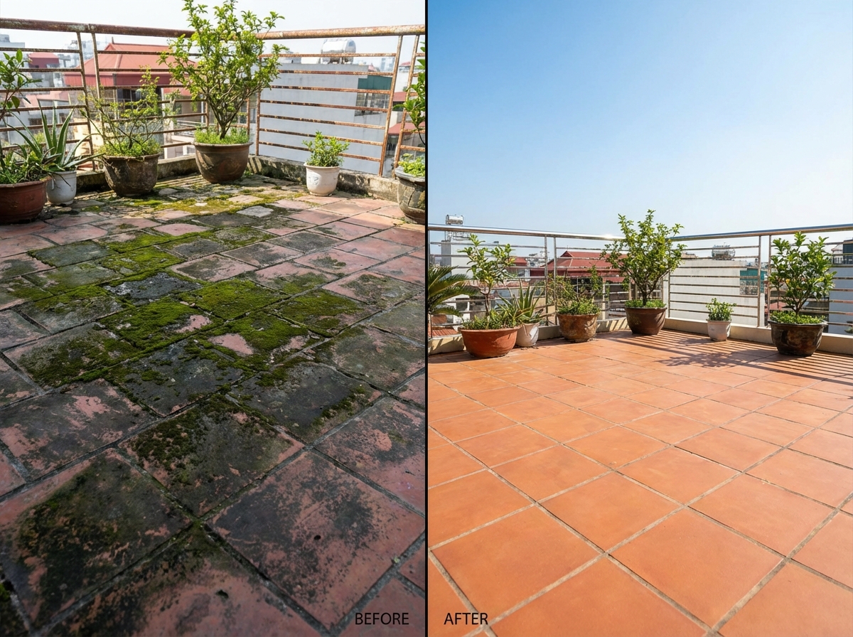 So sánh trước và sau khi tẩy rêu sân thượng