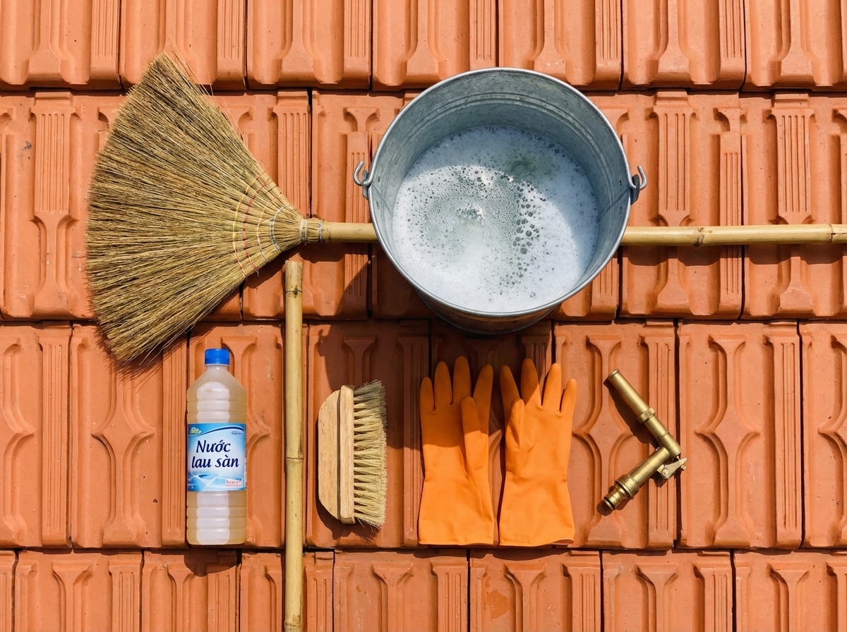Dụng cụ vệ sinh sân thượng xếp gọn gàng