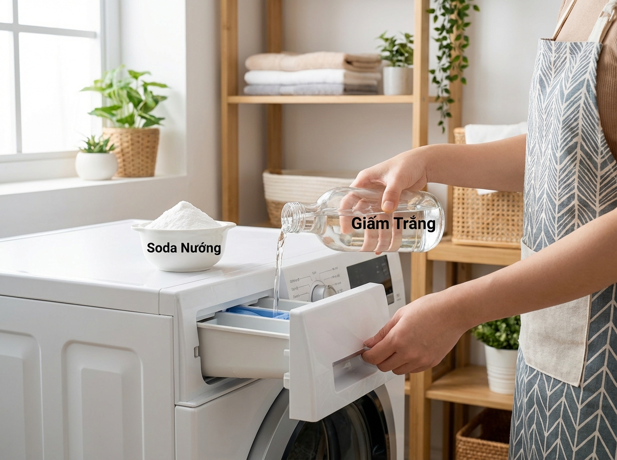 Giấm trắng đổ vào ngăn xả máy giặt và baking soda bên cạnh