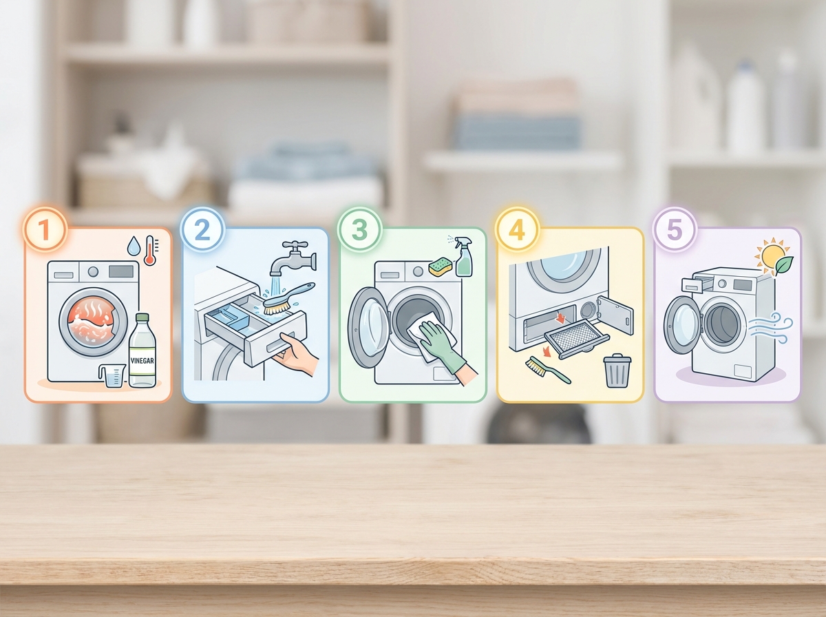 Infographic quy trình 5 bước vệ sinh máy giặt
