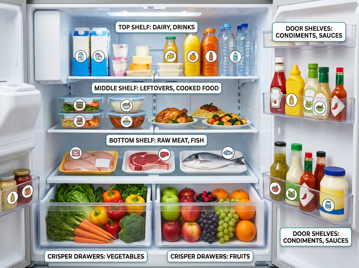 Sơ đồ sắp xếp thực phẩm trong tủ lạnh đúng cách theo ngăn