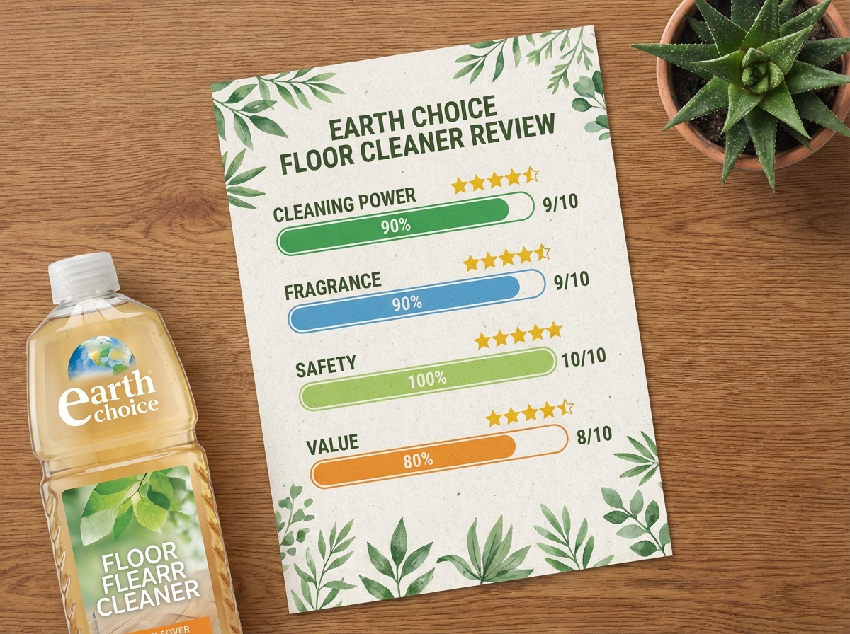 Bảng đánh giá Earth Choice: độ sạch 9/10, mùi hương 9/10, an toàn 10/10, giá cả 8/10