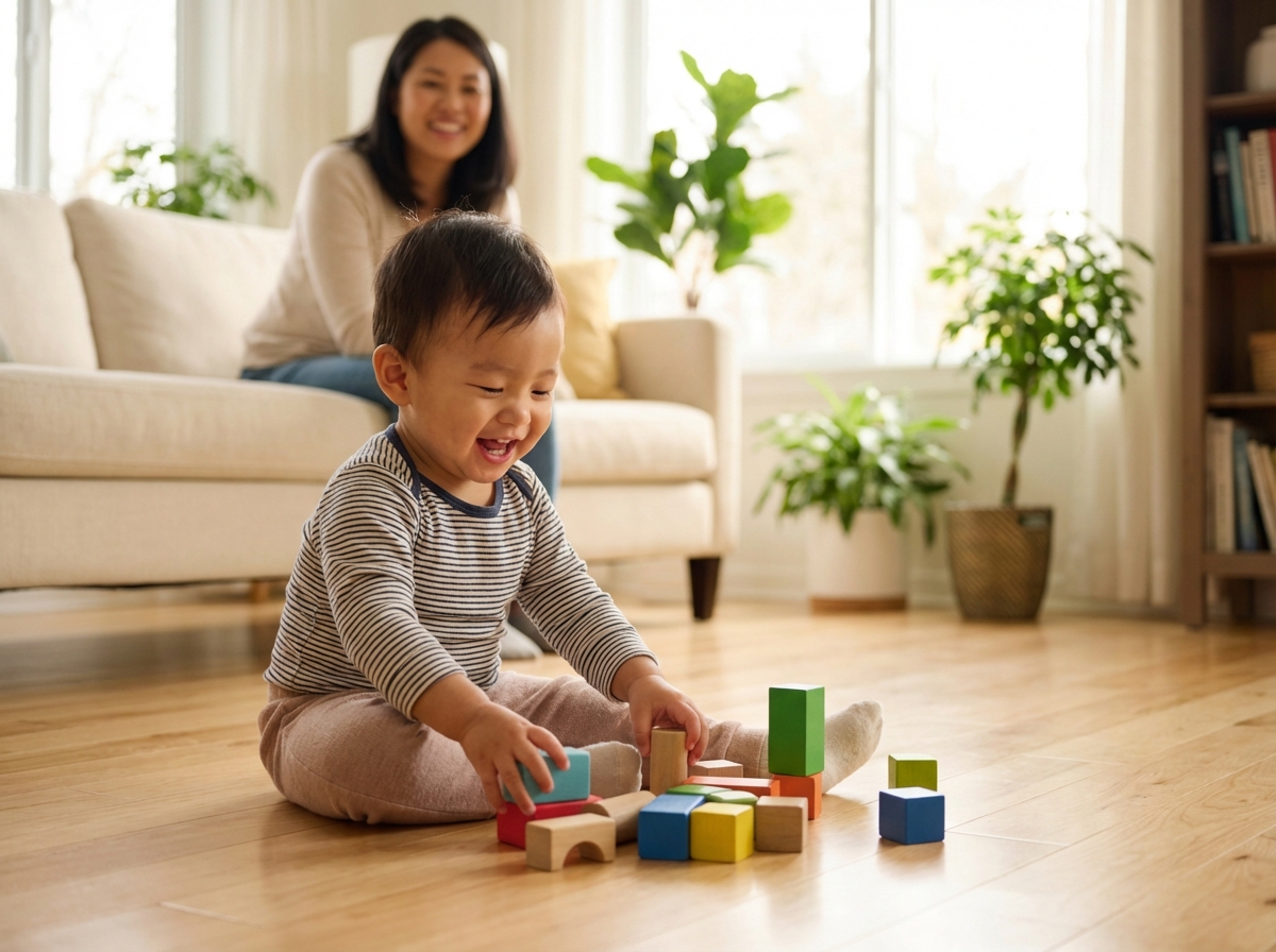 Em bé chơi an toàn trên sàn nhà sạch