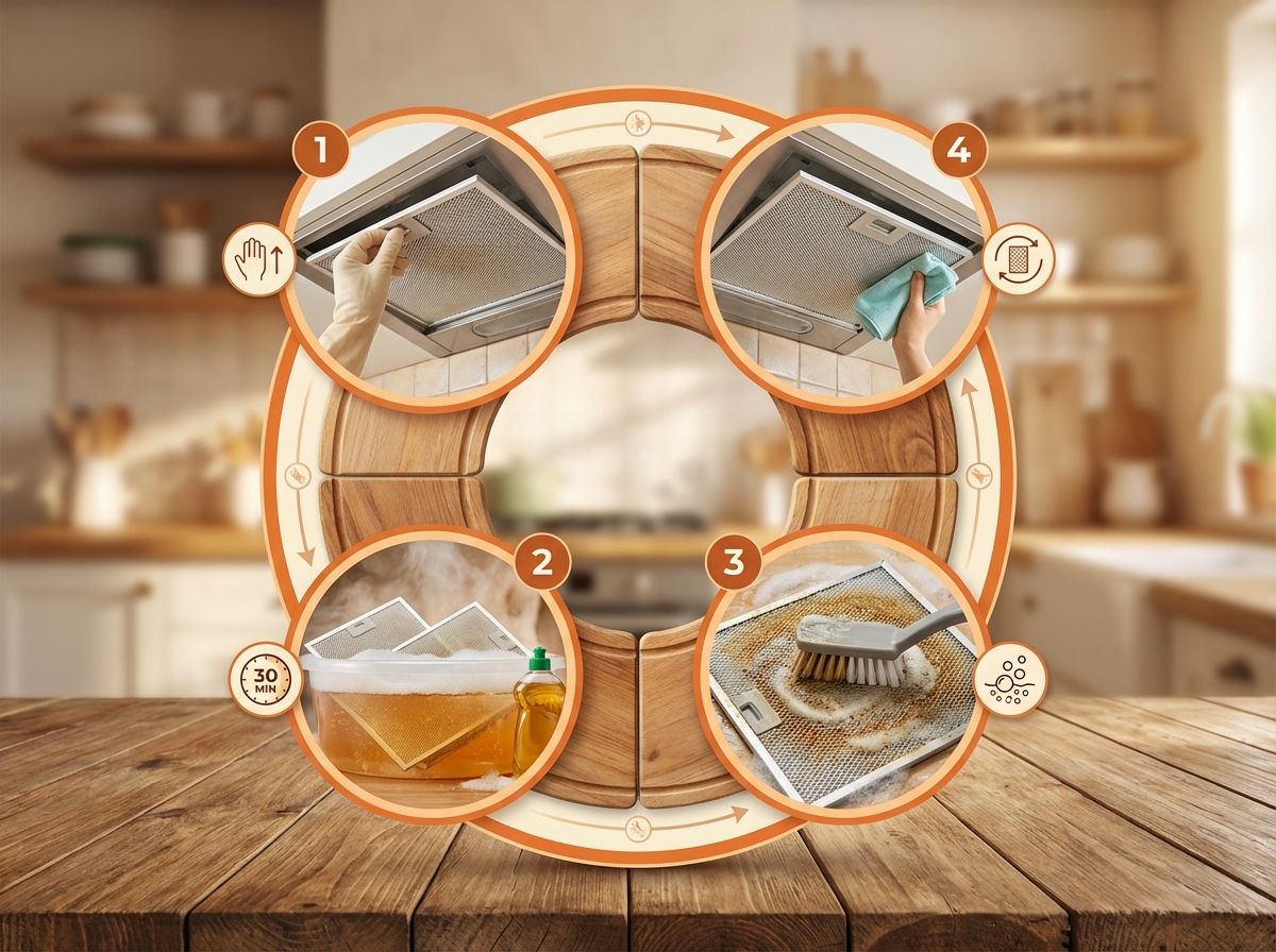 Infographic 4 bước vệ sinh máy hút mùi: tháo, ngâm, cọ, lắp