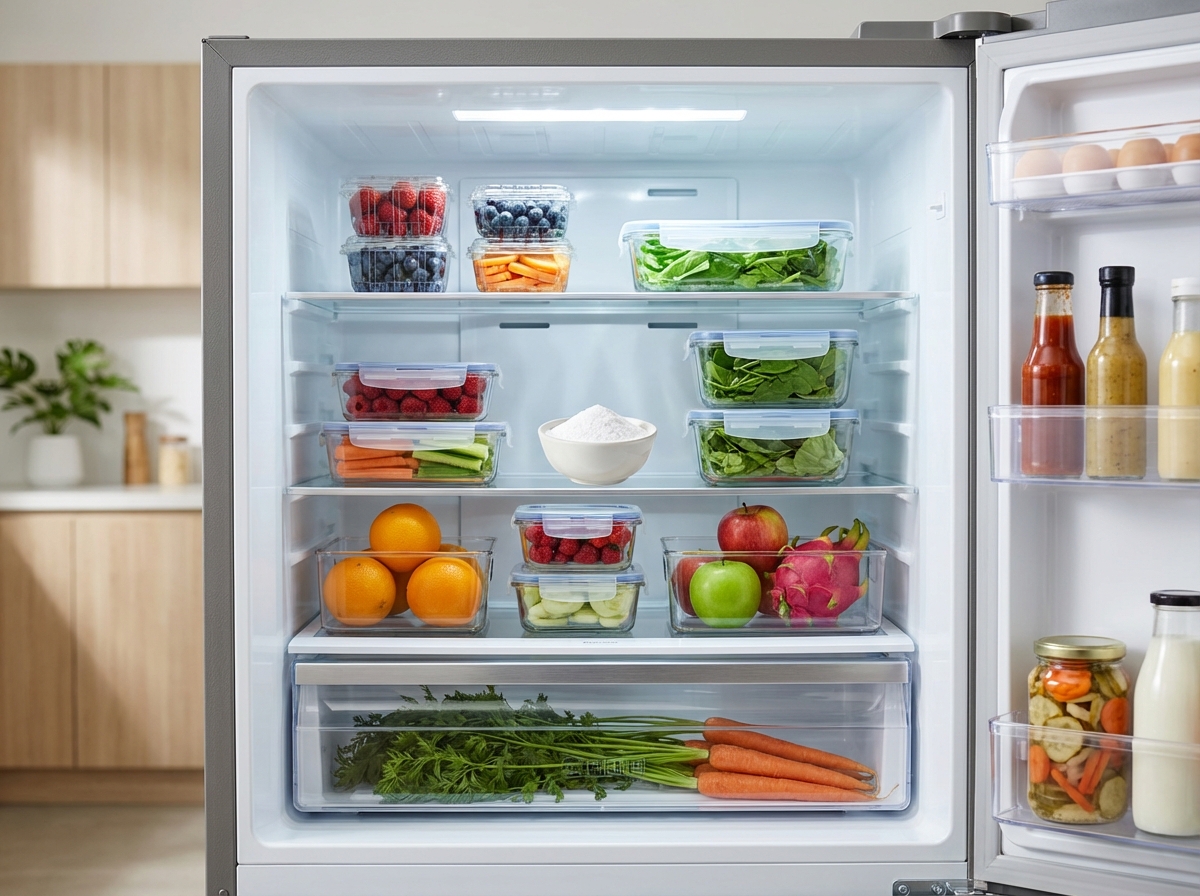 Chén baking soda đặt trong tủ lạnh khử mùi