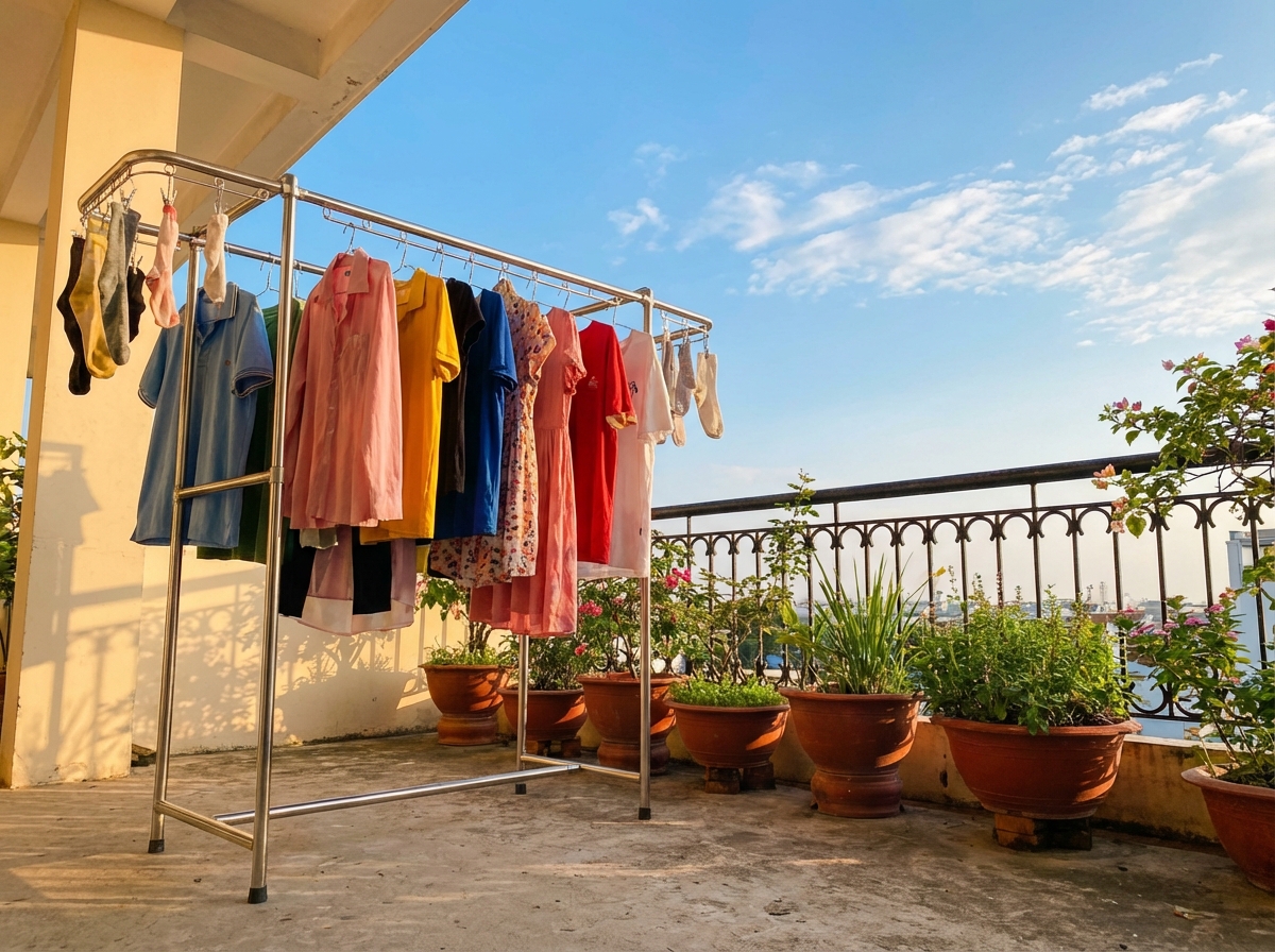 Phơi quần áo ngoài nắng trên ban công – tiết kiệm điện thay vì dùng máy sấy