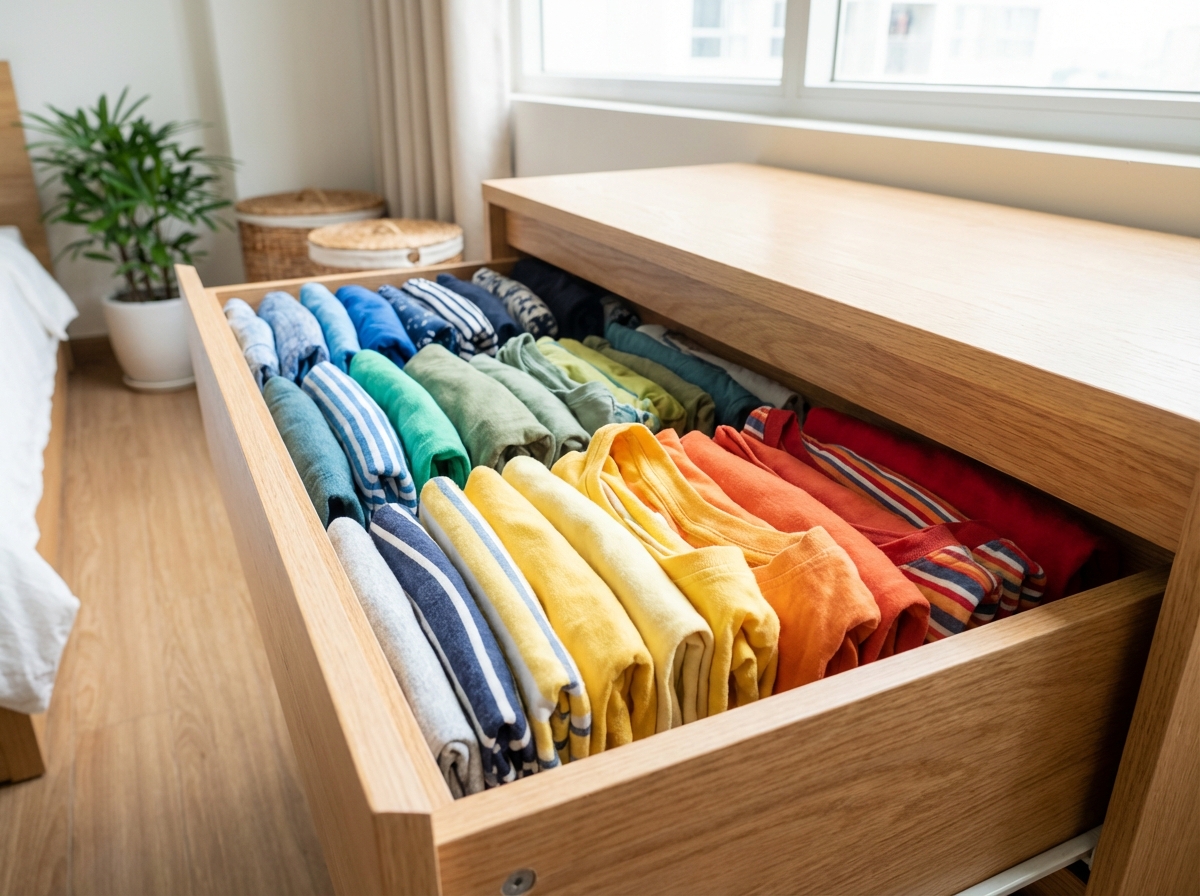 Quần áo gấp kiểu KonMari xếp đứng trong ngăn kéo gọn gàng