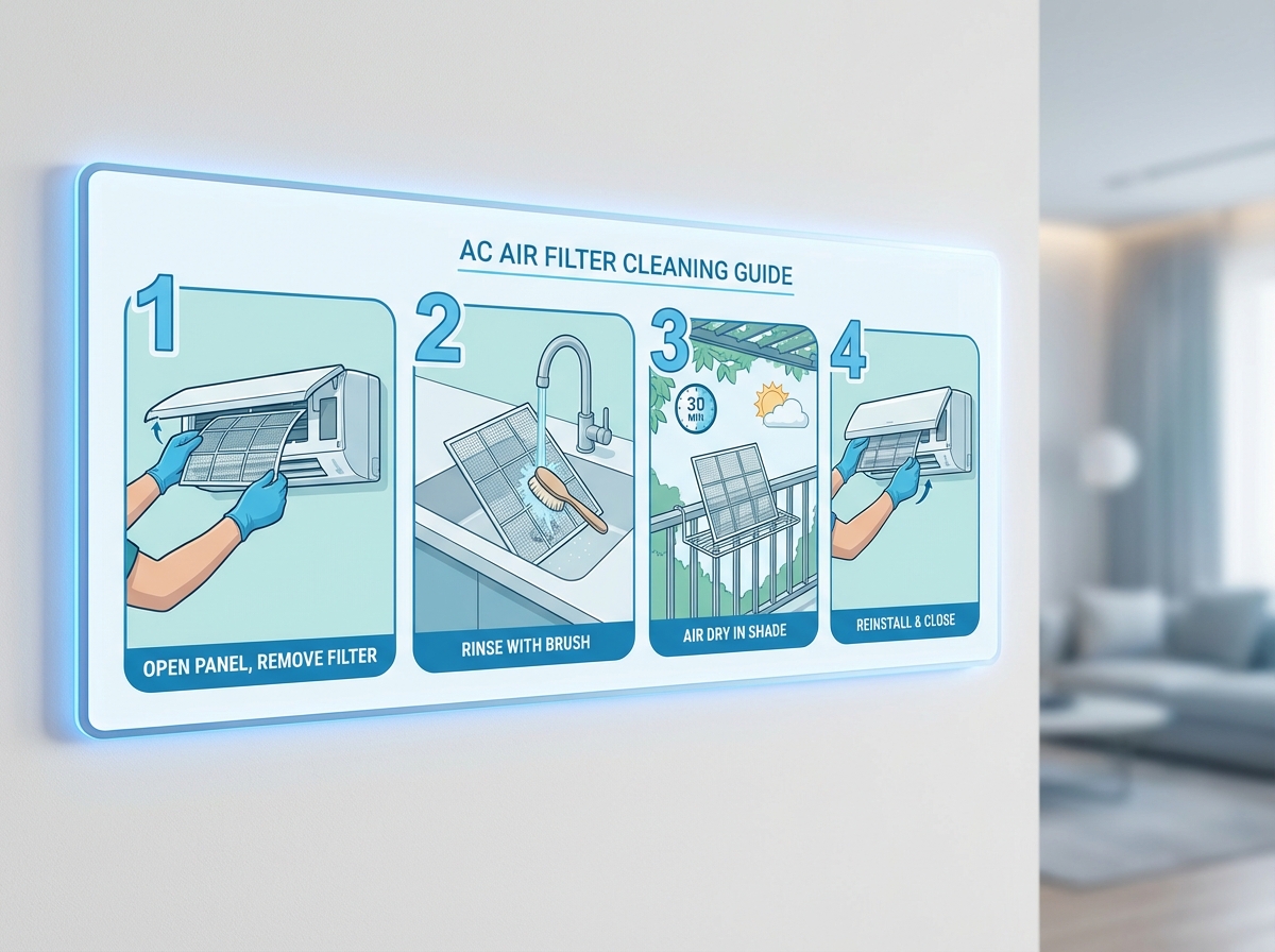 Infographic 4 bước vệ sinh lưới lọc điều hòa tại nhà