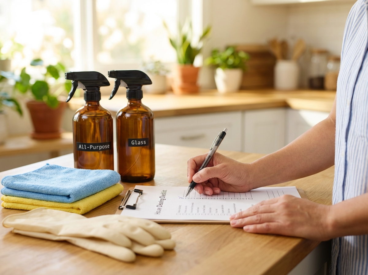 Tay cầm bút tích vào checklist dọn nhà, bên cạnh dụng cụ vệ sinh gọn gàng