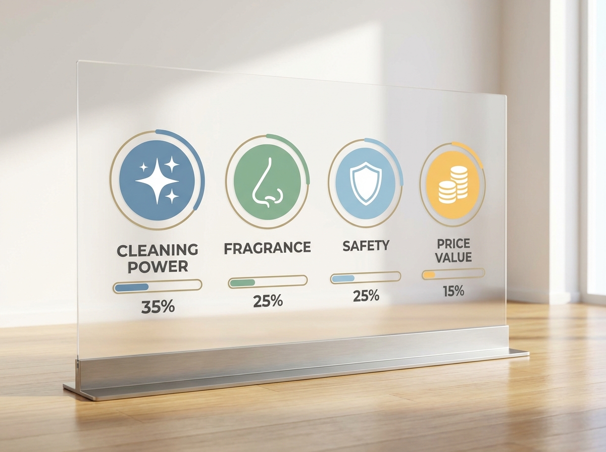 Infographic 4 tiêu chí đánh giá nước lau sàn: độ sạch, mùi hương, an toàn, giá cả