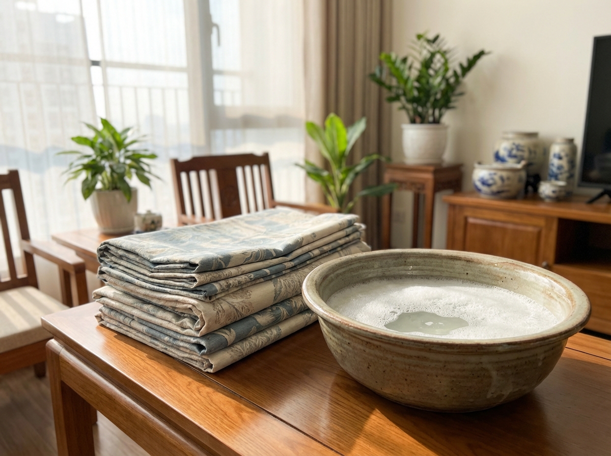 Rèm cửa gấp gọn bên chậu ngâm với nước giặt